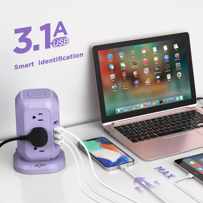 AiJoy USB C Power Strip Tower with 12 AC Outlet and 4 USB Ports Purple