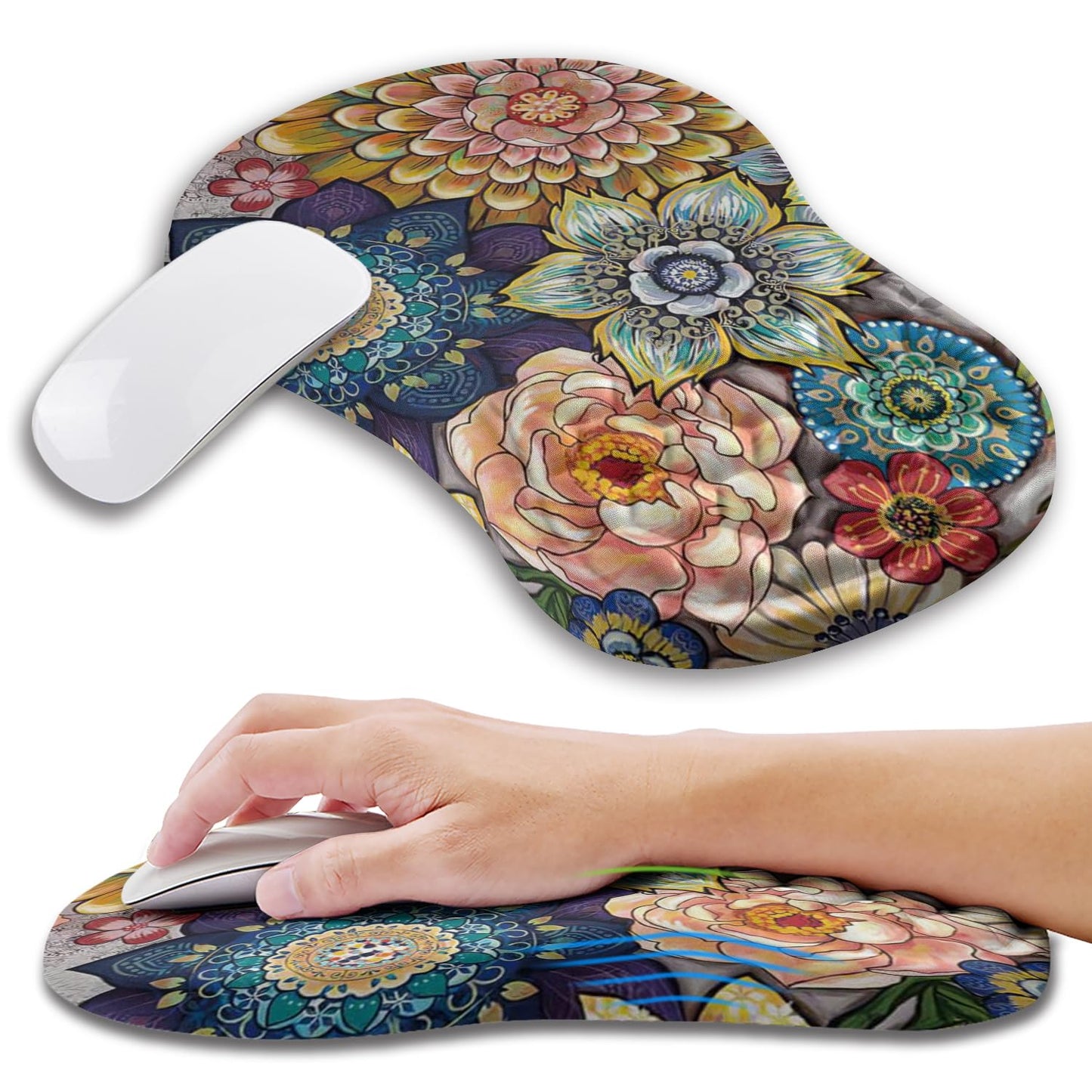 Kuosgm Ergonomic Mouse Pad Wrist Support with Memory Foam Massage Bulge, Carpal Tunnel Pain Relief Mousepad Wrist Rest for Mouse(12x8 inch, Blooming)