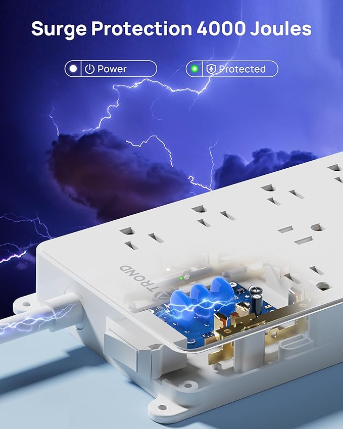 TROND 360° Rotating Flat Plug, Surge Protector Power Strip, 13AC Widely Spaced Outlets Expansion with 3 USB C Ports, 4000J, 10ft Extension Cord Heavy Duty, Wall Mount, Under Desk, ETL Listed, White