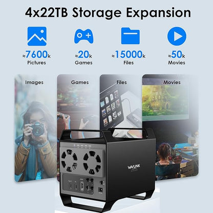 WAVLINK 4-Bay Hard Drive Enclosure for 3.5" and 2.5'' SATA HDD/SSD Featuring 10Gbps USB-C 3.2, Max 88TB Capacity, Built-in Temp-Controlled Cooling Fans, 4K HDMI Stunning Video Output, Aluminum Shell