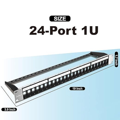 Jadaol 24 Port Blank Patch Panel, 1U 19inch Rack/Wall Mount Patch Panel with Cable Management Bar, Compatible with Cat6 Keystone Jacks, HDMI, Coax, USB, Fiber, Audio Keystone Jacks