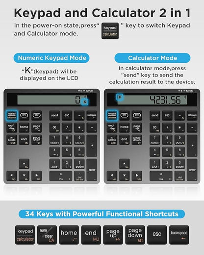 Rechargeable Wireless Number Pad for Laptop, 34 Keys Numeric Keypad with Dual Bluetooth & Display, 2-in-1 Numpad and Calculator, Slim Portable Number Pad Keyboard for Windows, Mac, PC, Tablet