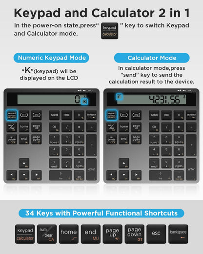 Rechargeable Wireless Number Pad for Laptop, 34 Keys Numeric Keypad with Dual Bluetooth & Display, 2-in-1 Numpad and Calculator, Slim Portable Number Pad Keyboard for Windows, Mac, PC, Tablet