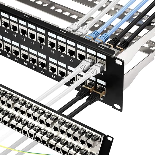 Rapink Patch Panel 48 Port Cat6A with Inline Keystone 10G Support, Coupler Patch Panel STP Shielded 19-Inch with Removable Back Bar, 1U Network Panel for Cat7, Cat6, Cat6A, Cat5e