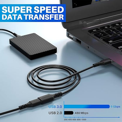 3 Pack USB 3.0 Extension Cable 8 Feet, USB A Male to Female Extender Cord, 5Gbps Data Transfer for Webcam, Printer, Keyboard, Mouse, Flash Drive, Hard Drive, Controller, Black Cable with 5 Cable Ties