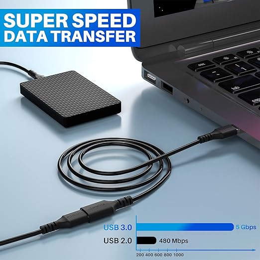 3 Pack USB 3.0 Extension Cable 10 Feet, USB A Male to Female Extender Cord, 5Gbps Data Transfer for Webcam, Printer, Keyboard, Mouse, Flash Drive, Hard Drive, Controller, Black Cable with 5 Cable Ties