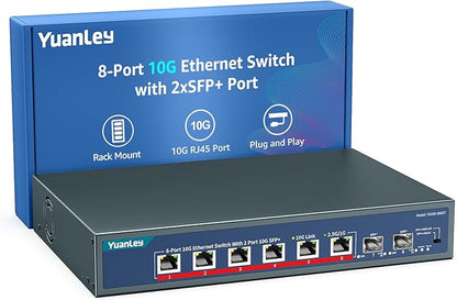 YuanLey 8-Port 10G Ethernet Switch, 6 x 10Gbps RJ45 Ports, 2X 10Gbe SFP+ Ports, Support 10G/5G/2.5G/1G/100Mbps Speed Auto-Negotiation, 160Gbps Switching Capacity, Unmanaged Switch Rackmountable