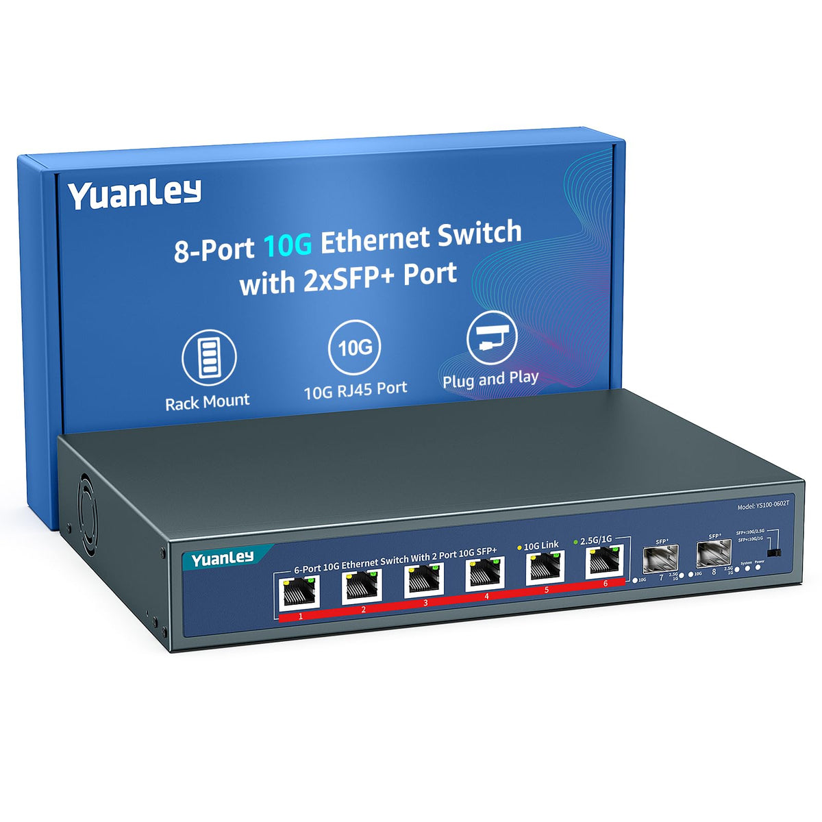YuanLey 8-Port 10G Ethernet Switch, 8 x 10Gbps RJ45 Ports, Support 10G/5G/2.5G/1G/100Mbps Speed Auto-Negotiation, 160Gbps Switching Capacity, Unmanaged Switch Rackmountable, Plug and Play