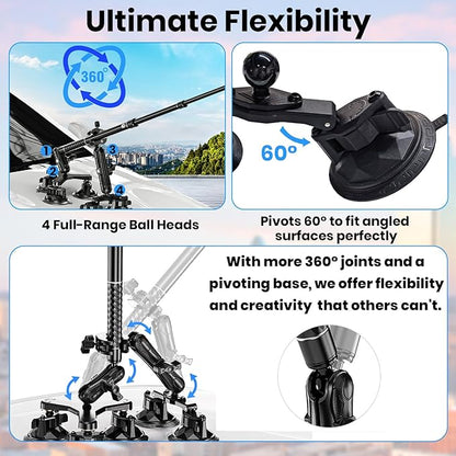 Suction Car Mount for GoPro/Insta360/DJI | Aluminum Alloy Extendable Selfie Stick with Multi-Joint Flexible Arm | Upsized Strong Suction Mount Kit Includes Tripod Adapter