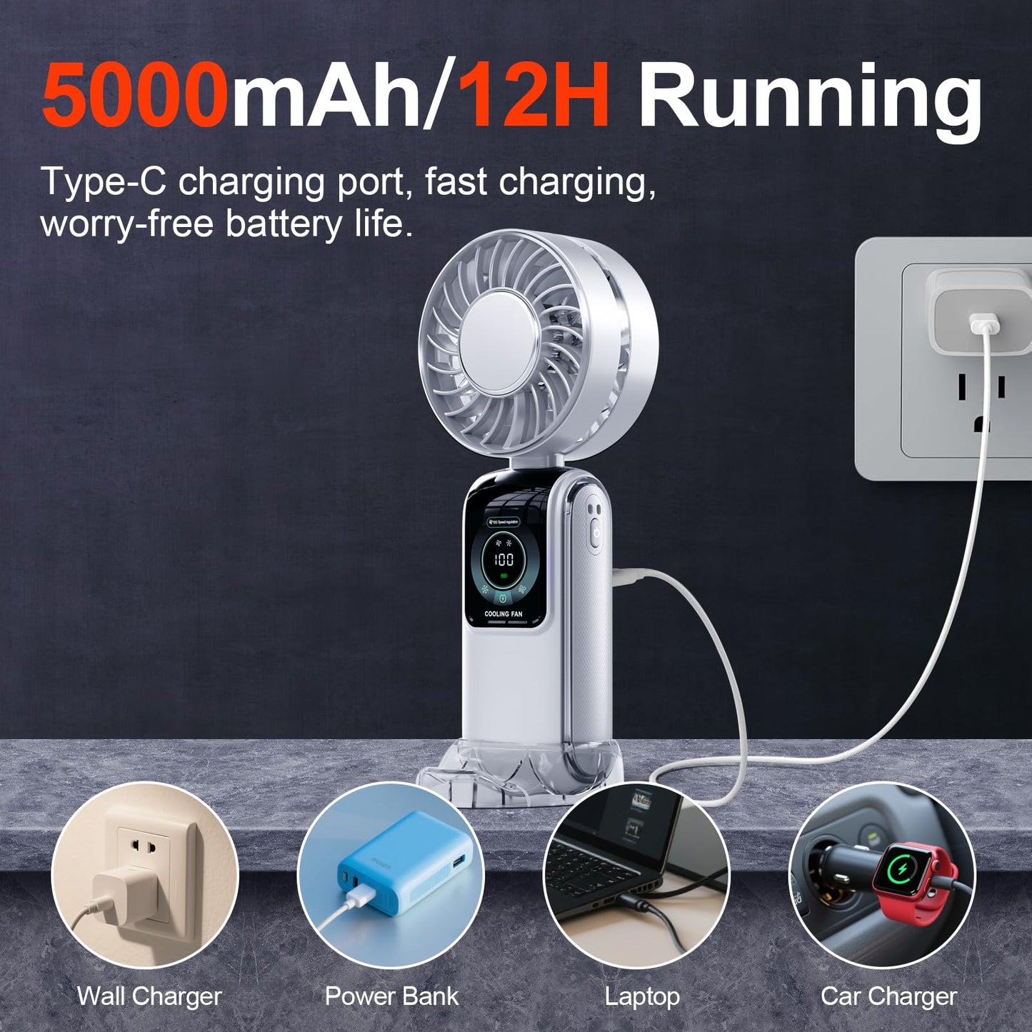 GZEduld Personal Handheld Fan with Stand & Lanyard, 5000mAh USB-C Rechargeable Battery, 12H Runtime 5-Speed LED Display Mini Cool Fan for Travel Beach Concerts Outdoor Events（4 Colors Available）