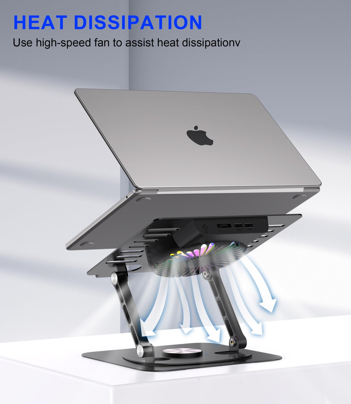 YTech Laptop Stand,with 360°Rotating Base,External Cooling Fan,Adjustable RGB Lighting,Ergonomic Foldable Notebook Computer Holder.Compatible with All 10-17" Laptops Tablets,Black, E0B22-01