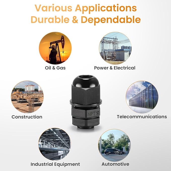 QILIPSU 12pcs 1/4" NPT Cable Gland Waterproof IP68 Nylon Cable Pass Through Cord Grip Connector Strain Relief Wire Grommet