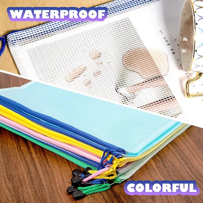 LEOBRO Mesh Zipper Pouches Bags, 10PCS Zipper Pouch, A4 Mesh Bags with Zipper, Zipper Pouches for Organization, Storage Bags for School Office Travel Supplies, File Jackets & File Pockets