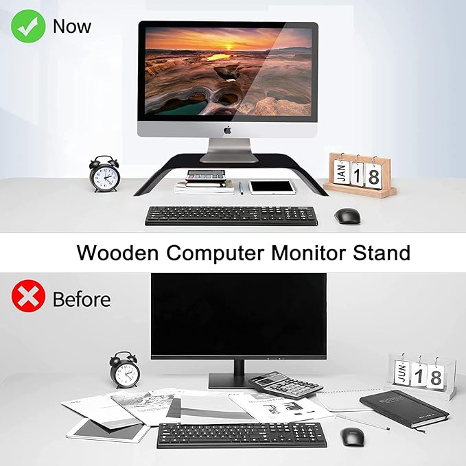 SAMDI Wooden Computer Monitor Stand, Desktop Accessories, Laptop Stand, Notebook Stand, for MacBook Stand (Oak Wood Black)