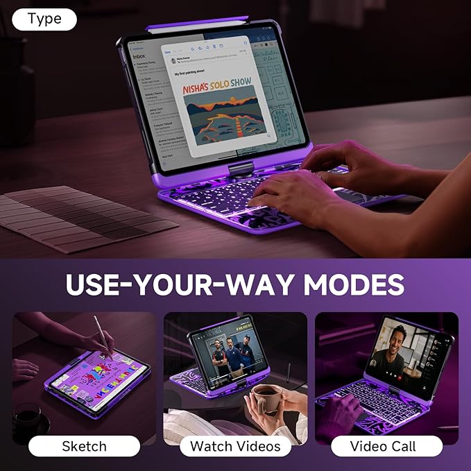 Transparent Case with Keyboard for 2024 iPad Pro 13 inch (M4), iPad Pro 13,7-Color Backlit,Magic Wireless Keyboard, 360°Rotating,Multi-Touch trackpad,Pencil Holder,with Shortcuts,Purple