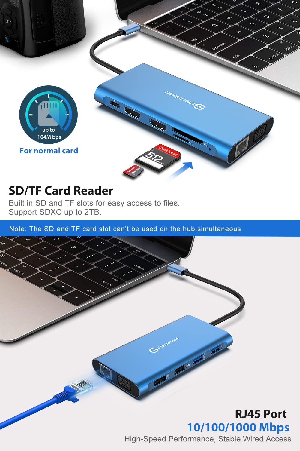 UtechSmart 11 in 1 Docking Station, Triple Monitors USBC Laptop Docking Station with 2 HDMI, VGA, PD3.0, SD TF Card Slot, 4 USB Ports USB-C Adapter Compatible for MacBook & Windows(Blue)