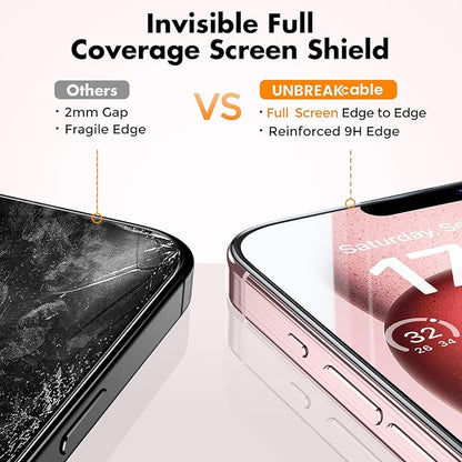 UNBREAKcable 3-Pack Screen Protector for iPhone 15, Double Shatterproof Tempered Glass [Easy Installation Frame] [99.99% HD Clear] [9H Hardness] [Full Coverage] [Case Friendly] for iPhone 6.1 inch