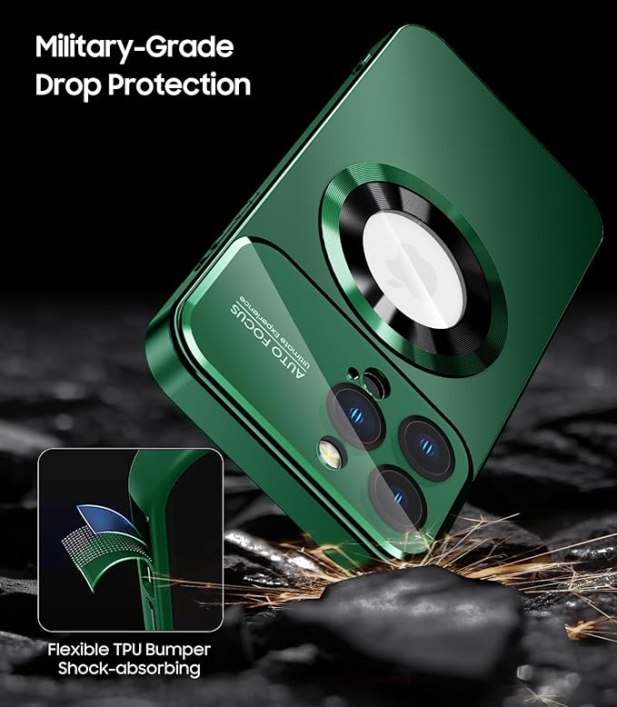 MAKAVO Magnetic for iPhone 12 Pro Max Case, Compatible with MagSafe, Built-in Camera Lens Protector, Logo View, Military Grade Drop Proof Phone Case Cover, Green
