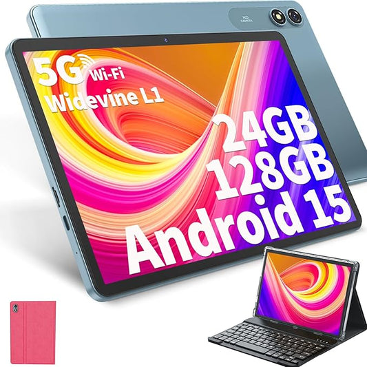 Android Tablet with Keyboard, Android 15 Tablet 10 inch with 24GB+128GB, 1TB Expand, 8-Core, 8000mAh, 5G WiFi, Widevine L1, GMS, with Case, Keyboard, Mouse, Stylus(Pink)