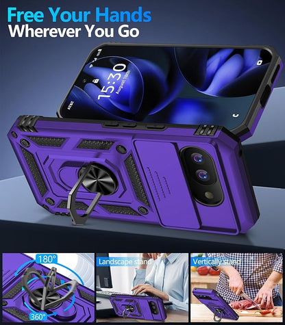 Taisairu for Google Pixel 9A Case with Screen Protector & Slide Camera Lens Cover, Built-in 360°Rotate Magnetic Ring Stand Shockproof Protective Phone Case for Google Pixel 9A Case (Purple)