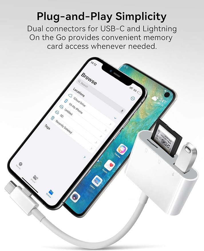OPxjzws SD Card Reader for iPhone, SD Card Adapter with Lightening & USB C Dual Connectors Plug&Play Supports microSD, SD and USB-A OTG, Portable Trail Camera Memory Reader for iPhone Mac MacBook iPad