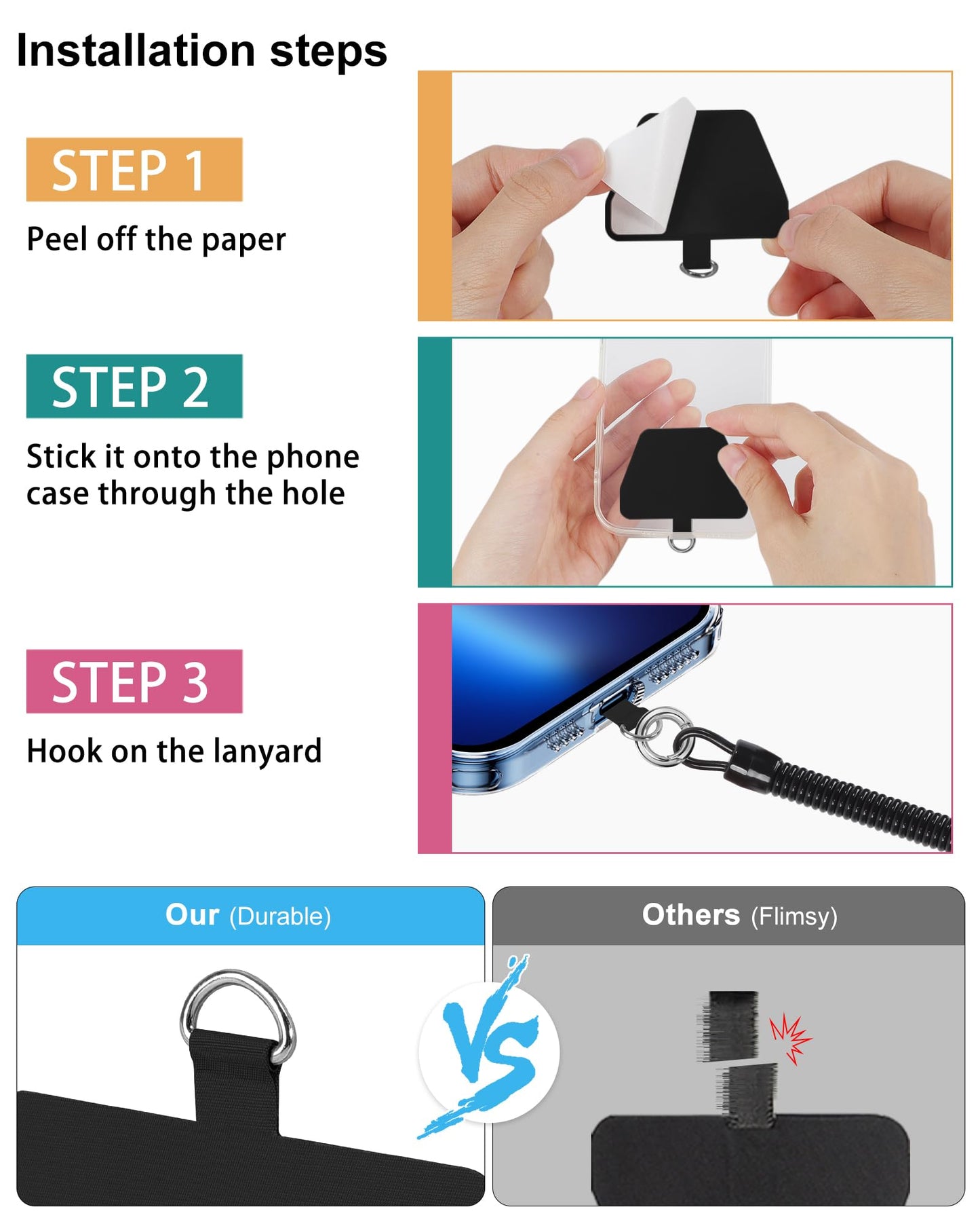 SHANSHUI Phone Lanyard Tether, Anti Theft Spring Phone Strap, 4 x Phone Pacthes & Climbing Hook Universal Phone Lanyard for Keys Outdoor Skiing Hiking Fishing Fitting for All Smartphones - 2PCS Black