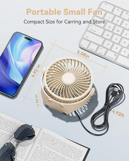 USB Desk Fan, 5 Inch Mini Portable, 3 Speeds Strong Airflow Personal Desktop, Detachable Cooling Fan 360° Rotation Quiet Small Fan for Desk Home Office Travel Car, Beige, 5ft Cable
