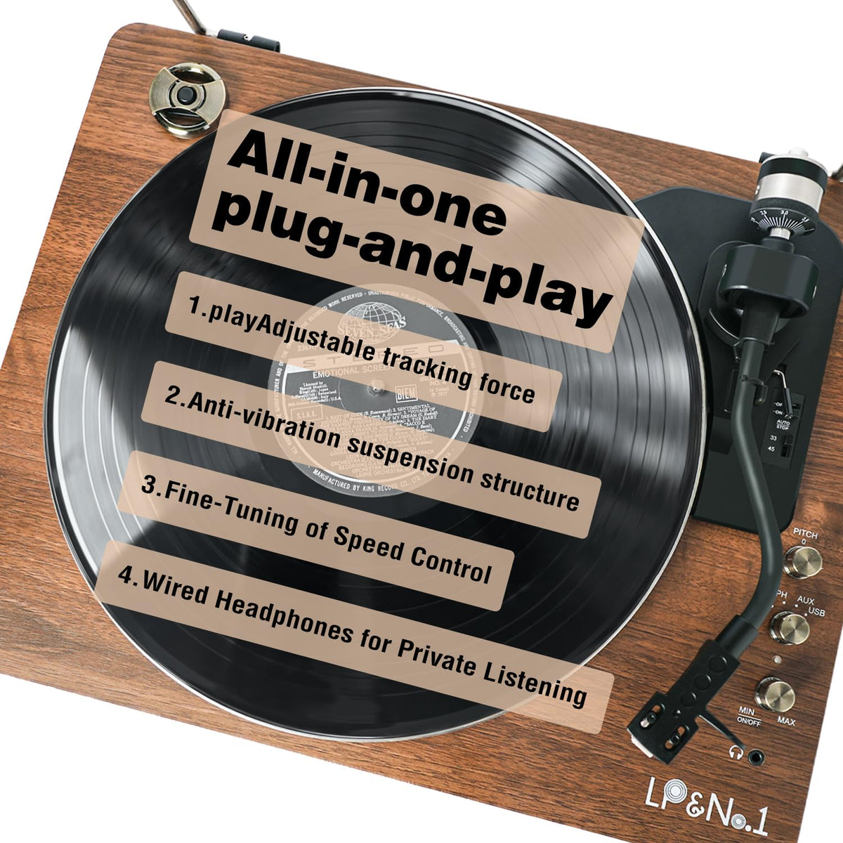 LP&No.1 Vinyl Record Players, Bluetooth Turntable with Built-in Speakers & Phono Preamp, High Fidelity Belt Drive 33/45 RPM with Magnetic Cartridge, USB Recording & Playback, Pitch Control, Auto Off