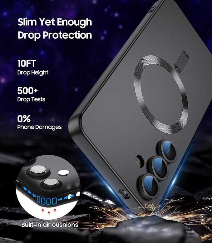 Magnetic for Samsung Galaxy S24 Case [Compatible with MagSafe][Built-in Camera Lens Protector] Slim Soft Silicone Bumper Shockproof Metallic Luster Phone Case (Black)