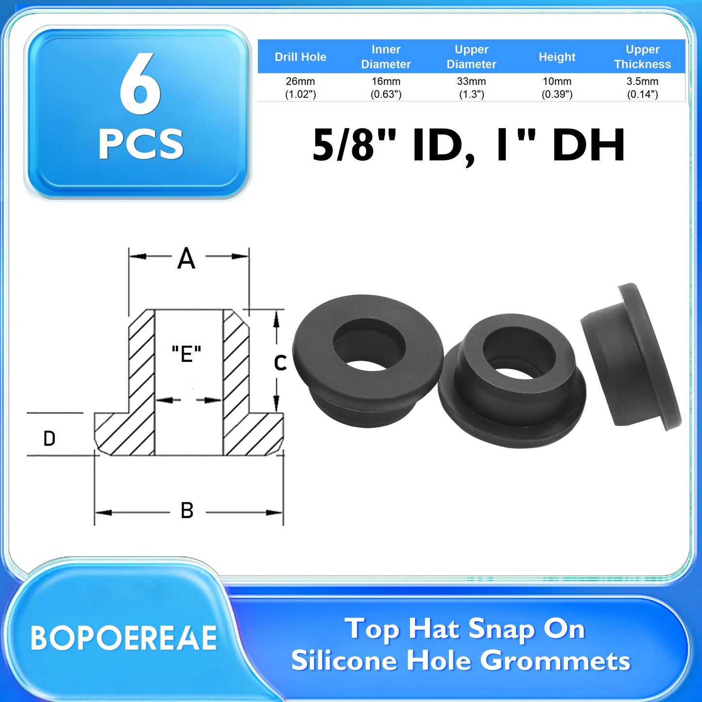 BOPOREAE 6 Pcs 1" Drill Hole, 5/8" ID Silicone Rubber Grommets for Wiring, Automotive Firewall Hole Plug, Top Hat Grommets for Vinyl Tubing in Hydroponic and Irrigation Systems Metal Wall Drywall