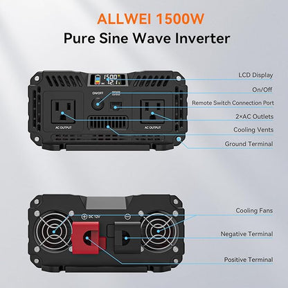 ALLWEI 1500W Pure Sine Wave Inverter 12V DC to 110V/120V AC Converter, Surge 3000W | Power Inverters Vehicles with 2 AC Outlets, RV Truck Boat Home Outdoor & Off-Grid Solar Inverter, Smart LCD Display