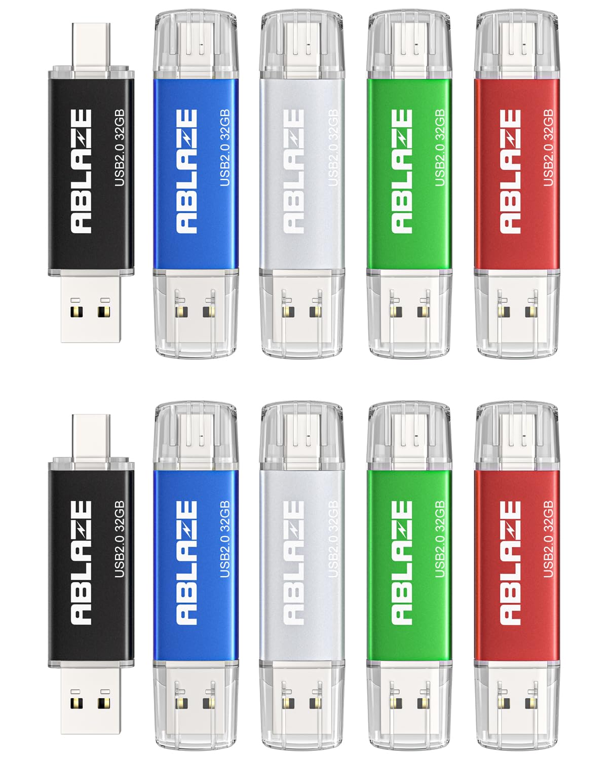 ABLAZE Type C Flash Drive 32GB 10 Pack, Dual USB 2.0+USB C Thumb Drives