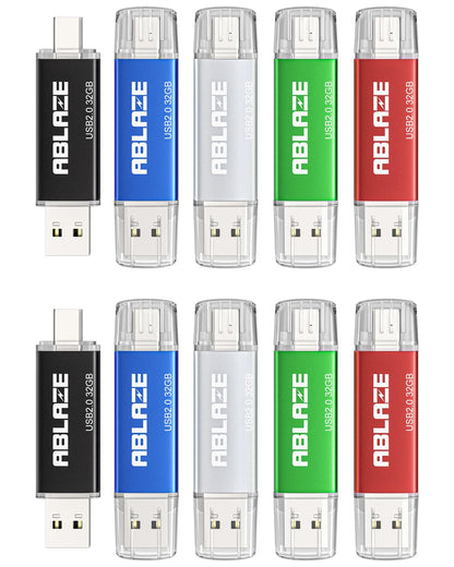 ABLAZE Type C Flash Drive 32GB 10 Pack, Dual USB 2.0+USB C Thumb Drives