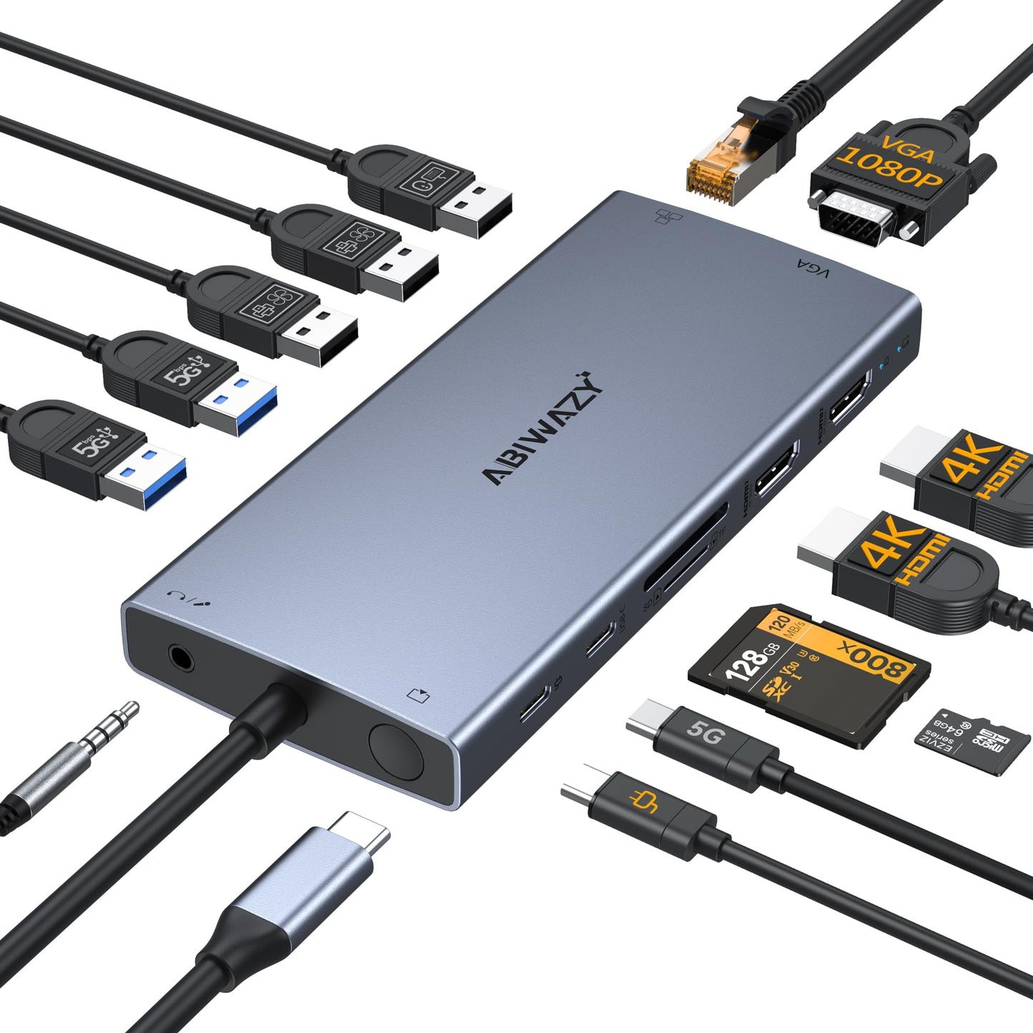 Docking Station Dual Monitor, 15 in 1 Triple Display Multiport Adapter Hub
