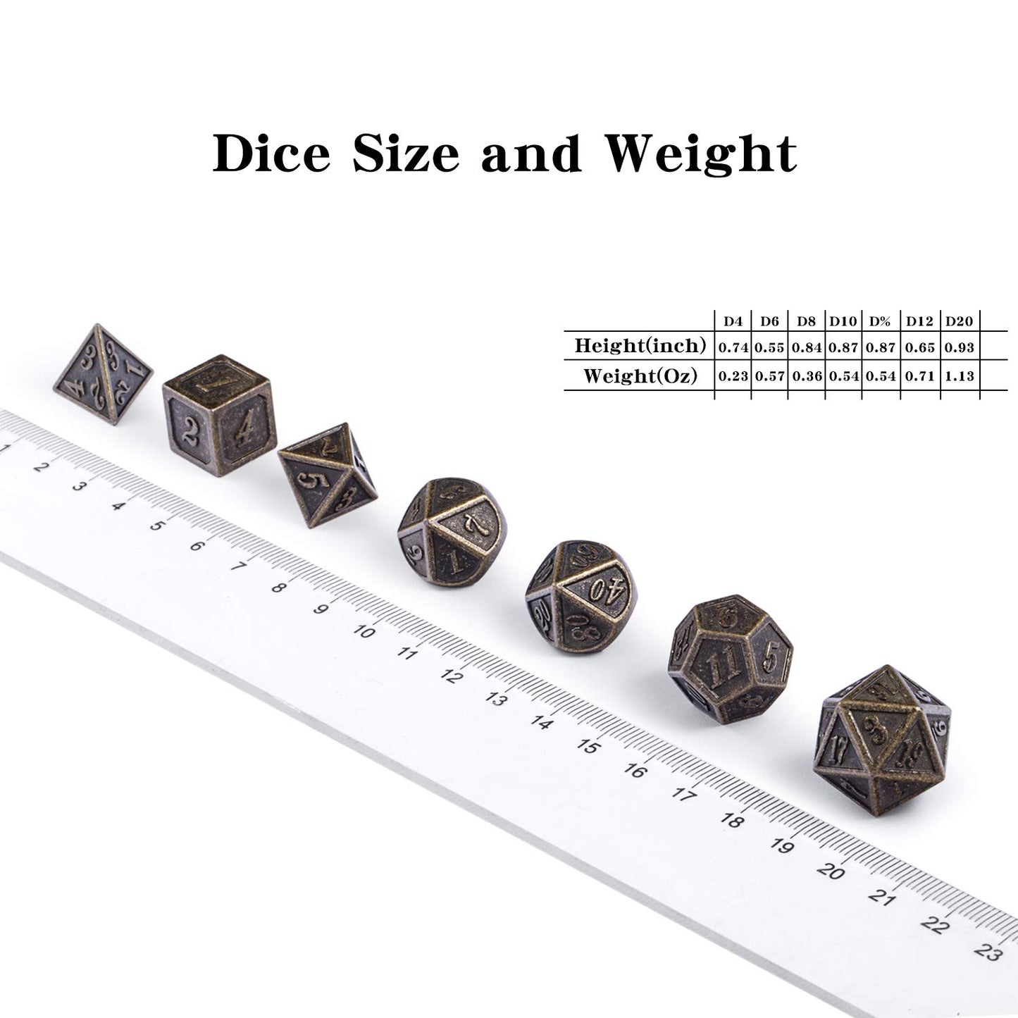 DnDnD Ancient Design Dice, 7PCS Brass DND Metal Dice with Metal Box for Table Games Dungeons and Dragons D&D