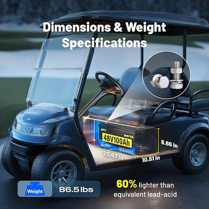 48 Volt Golf Cart Batterys 200A BMS, 48V 100Ah LiFePO4 Lithium Battery with Bluetooth & LCD Display, 15000 deep Cycles, Range of 60 Miles 600A Peak Current for Golf Cart Marine RV