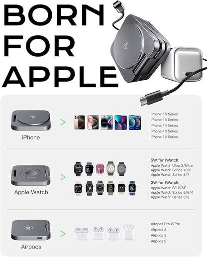 Qi2 Certified 3 in 1 Travel Charger MagSafe Compatible, Upgraded Foldable Wireless Charger Stand, Mag-Safe 3 in 1 Charging Station,15W Fast Charging for iPhone 17/16/15/14/13/12, Apple Watch, AirPods