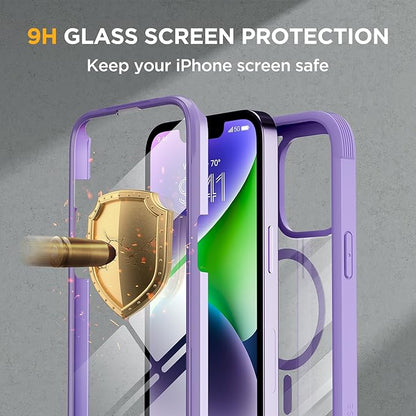 Miracase Magnetic for iPhone 14 Case 6.1", [Built-in Tempered Glass Screen Protector + Lens Protector] [Compatible with MagSafe] Full-Body Protective Bumper 14 Phone Cover, Purple