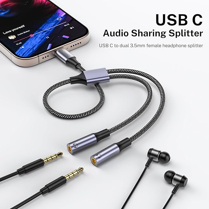 MOSWAG USB C to Dual 3.5mm Female Headphone Splitter,Type C to Dual 3.5mm Female Headphone Adapter Compatible with Pixel 7 6, Galaxy S23 iPhone 15 Pro Max/Pro/Plus