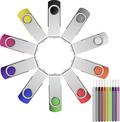 FEBNISCTE 16GB Flash Drive, Jump Drive 10 Pack, Memoria USB 2.0 Multi-Coloured, USB Thumb Drive 16gb Swivel mit 10 Cords Jump Drive with LED Light for Data Storage/Transfer