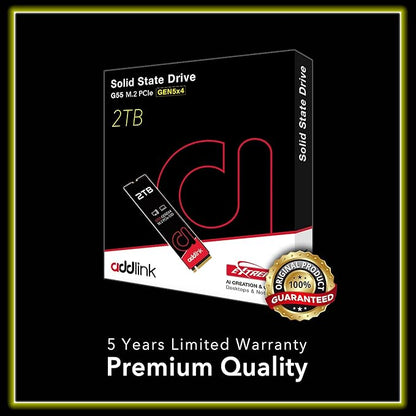 Addlink G55 2TB PCIe 5.0 Gen5 NVMe M.2 SSD- Up to 10,300 MB/s - PC Gaming Upgrade, Photography, Video Editing & Design - Internal Solid State Drive (ad2TBG55M2P)