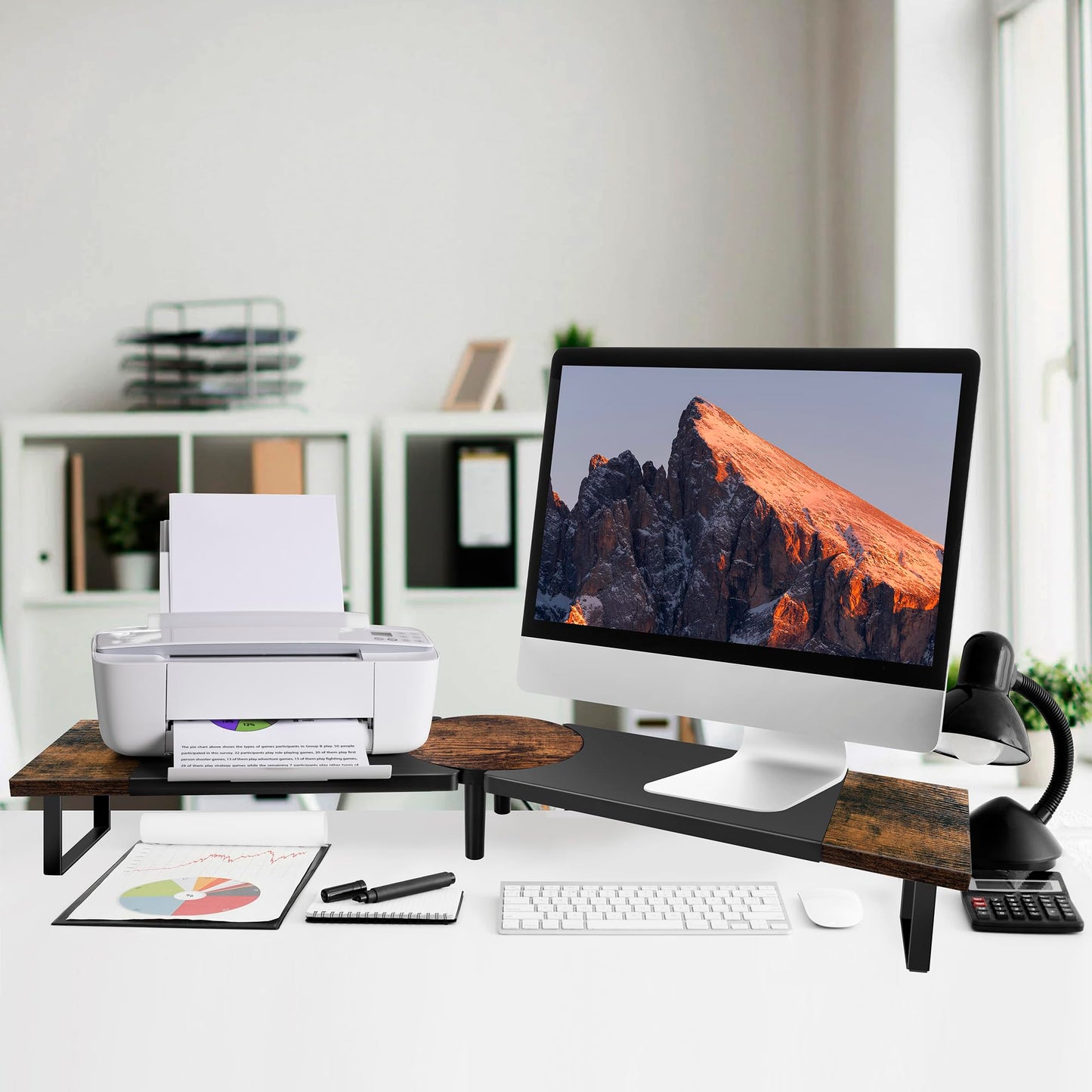 Across-Star Dual-Monitor Stand for Desk - Large Adjustable Length and Angle Riser for 2 Monitors, Double Computer Desktop Organizer, Shelf for TV, Laptop, Printer