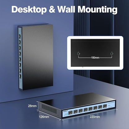 SODOLA 8 Port 10G Web Managed Switch, 8X10G SFP+ Ports, Link Aggregation/QoS/VLAN/IGMP, Wall Mounted Fanless 10Gb Multi-gig Network Switch（SFP Ports Only