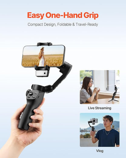 VEVOR Gimbal Stabilizer for Smartphone, 3-Axis Stabilization, AI-Powered Phone Gimbal for Android iPhone with Fill Light, Tripod, Auto Tracking, Portable Foldable Phone Stabilizer for Video Recording