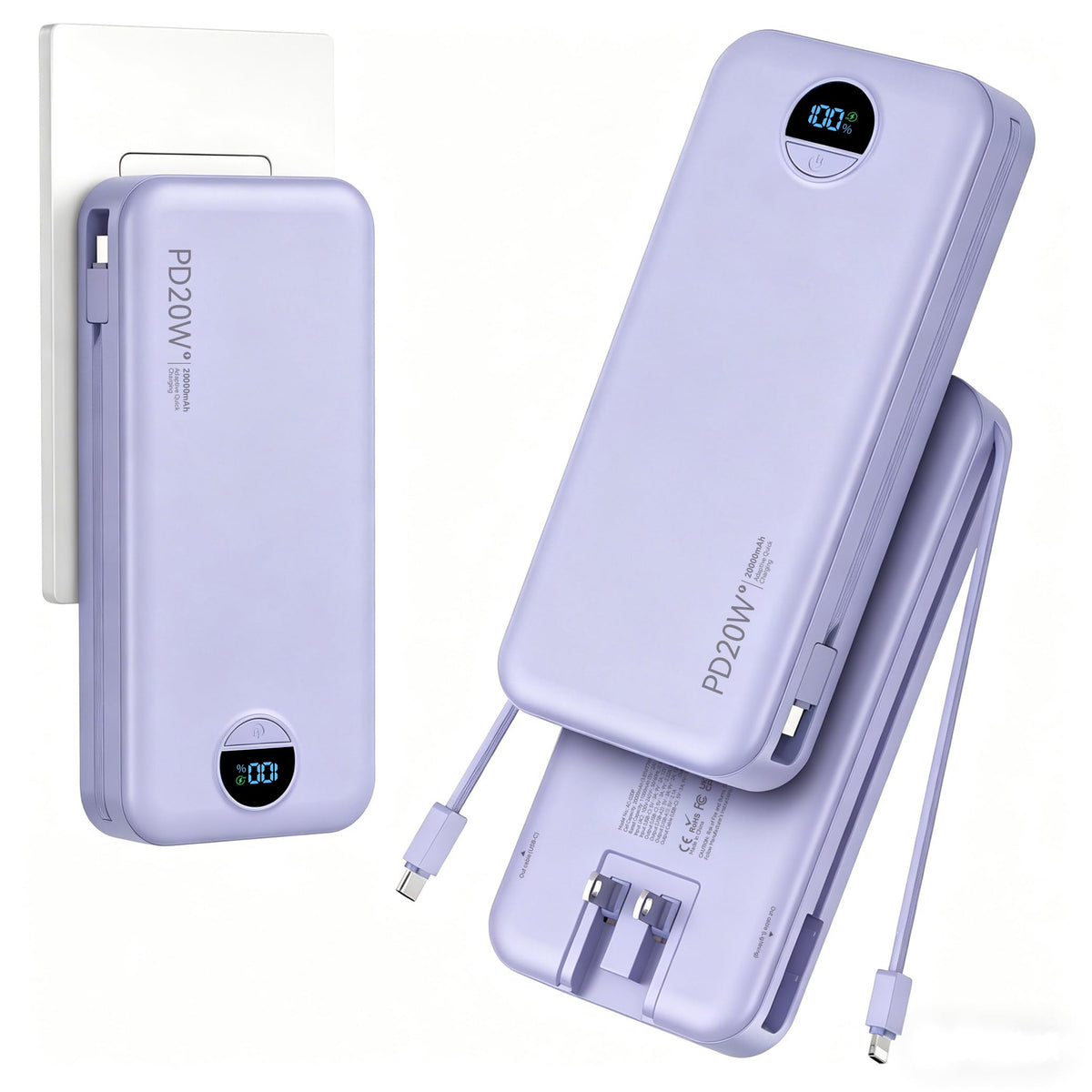 Portable Charger Power Bank 20000mAh with Built in Cables & Wall Plug