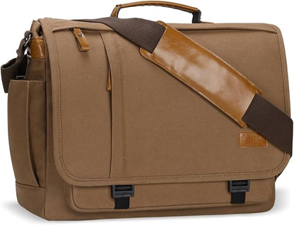ESTARER Messenger Bag 17-17.3 Inch, Men's Computer Bag Water-resistant Canvas, Laptop Shoulder Bag for Travel Work College, Brown
