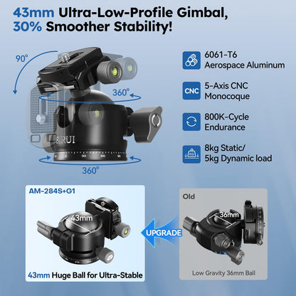 SIRUI 50.4"/128cm Carbon Fiber Travel Tripod Kit, Max Load 44lb/20kg