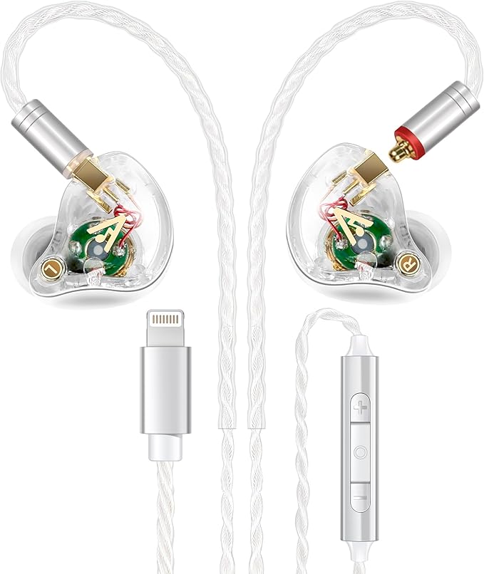 Vibes 202ML Wired Earbuds - HiFi in Ear Headphones - Noise-Isolating Ear Buds w/ Mic - Clear Sound, Deep Bass, Comfort-Fit Earphones - MMCX–Lightning for iPhone 5–14, Silver Plated Cord, Carrying Case