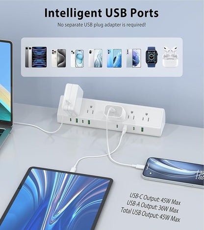 45W Fast Charging Station,Desk Clamp Power Strip,4 PD USB-C Ports,5 AC Outlets,Surge Protector Power Strip, 14AWG Heavy Duty Cord, Fits 1.9" Tabletop Edge (White, 20 FT Cable)