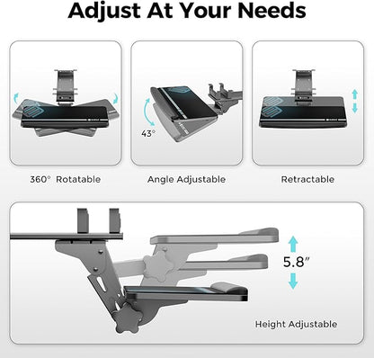 EUREKA ERGONOMIC Keyboard Tray Height Adjustable, Swivel Tilt Computer Keyboard Drawer Under Desk, 25x9.13'' Sliding Keyboard & Mouse Platform with Mouse Pad for Typing, Black
